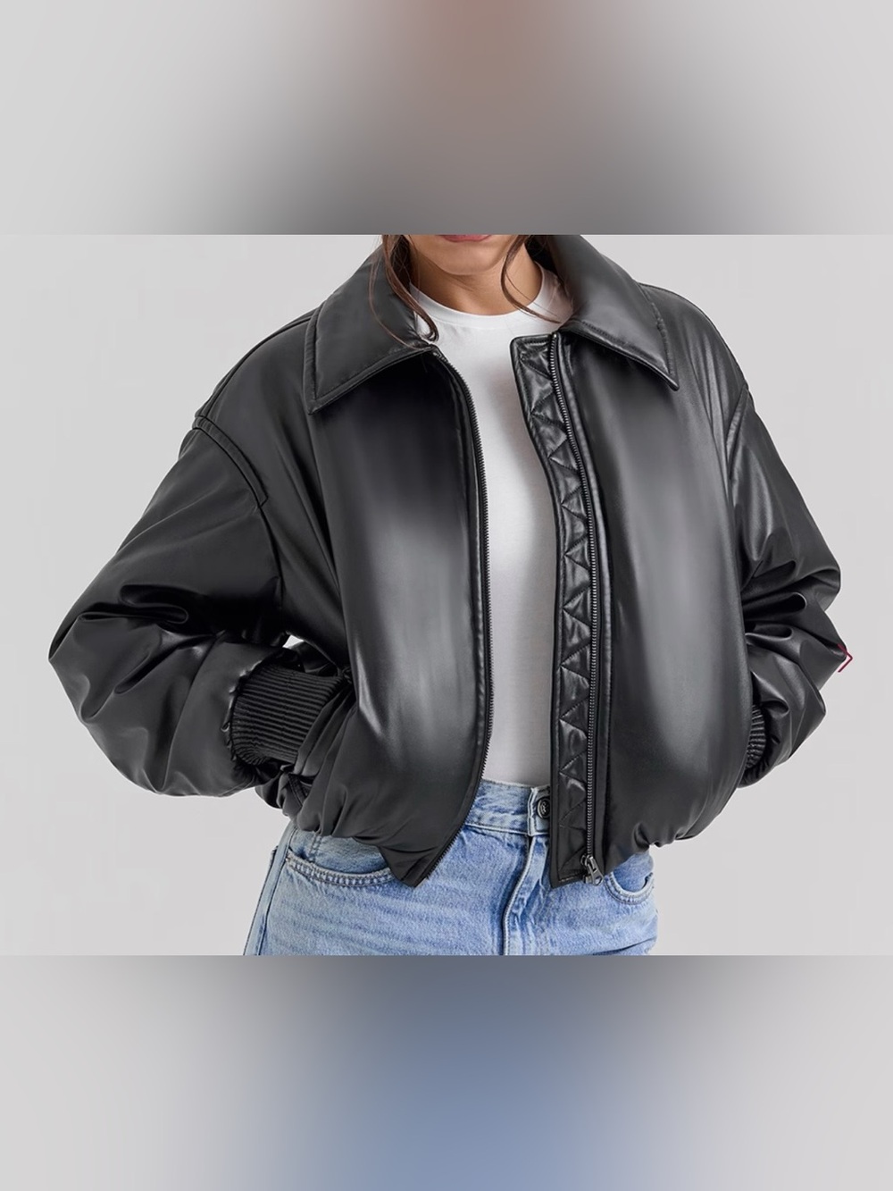 Black Faux Leather Bomber Jacket - Sante